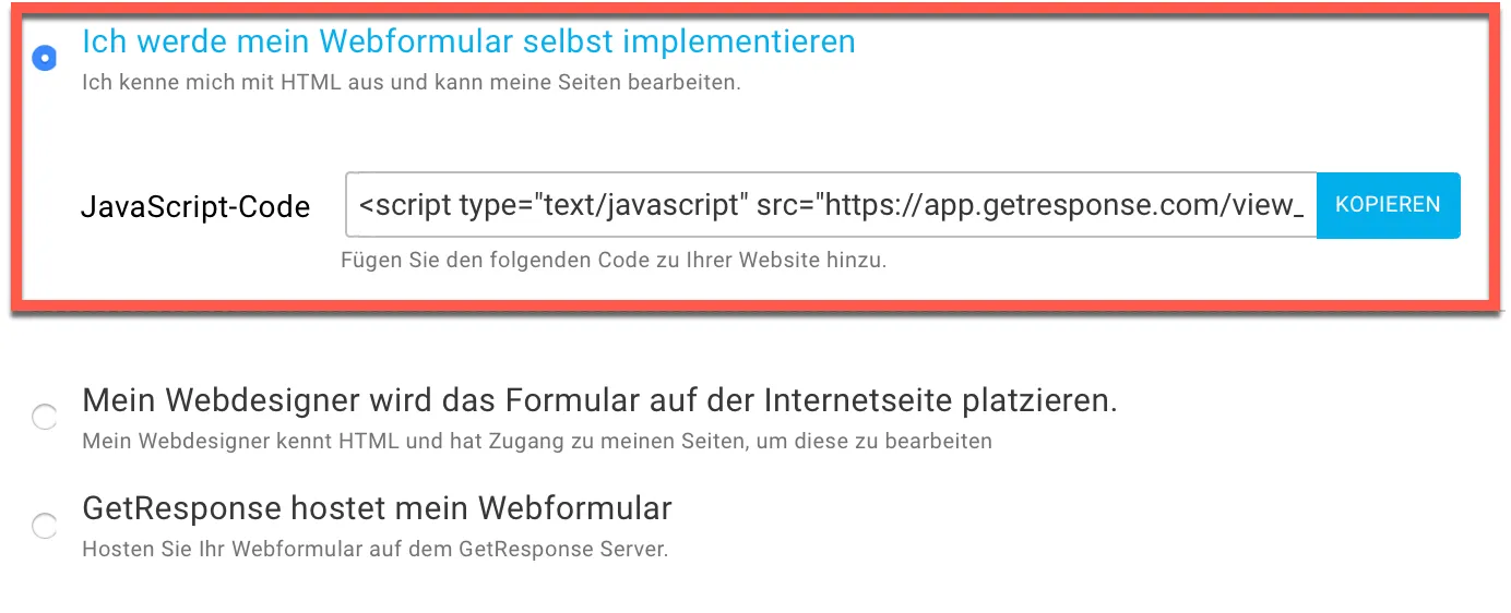 Webformular JavaScript Code kopieren.