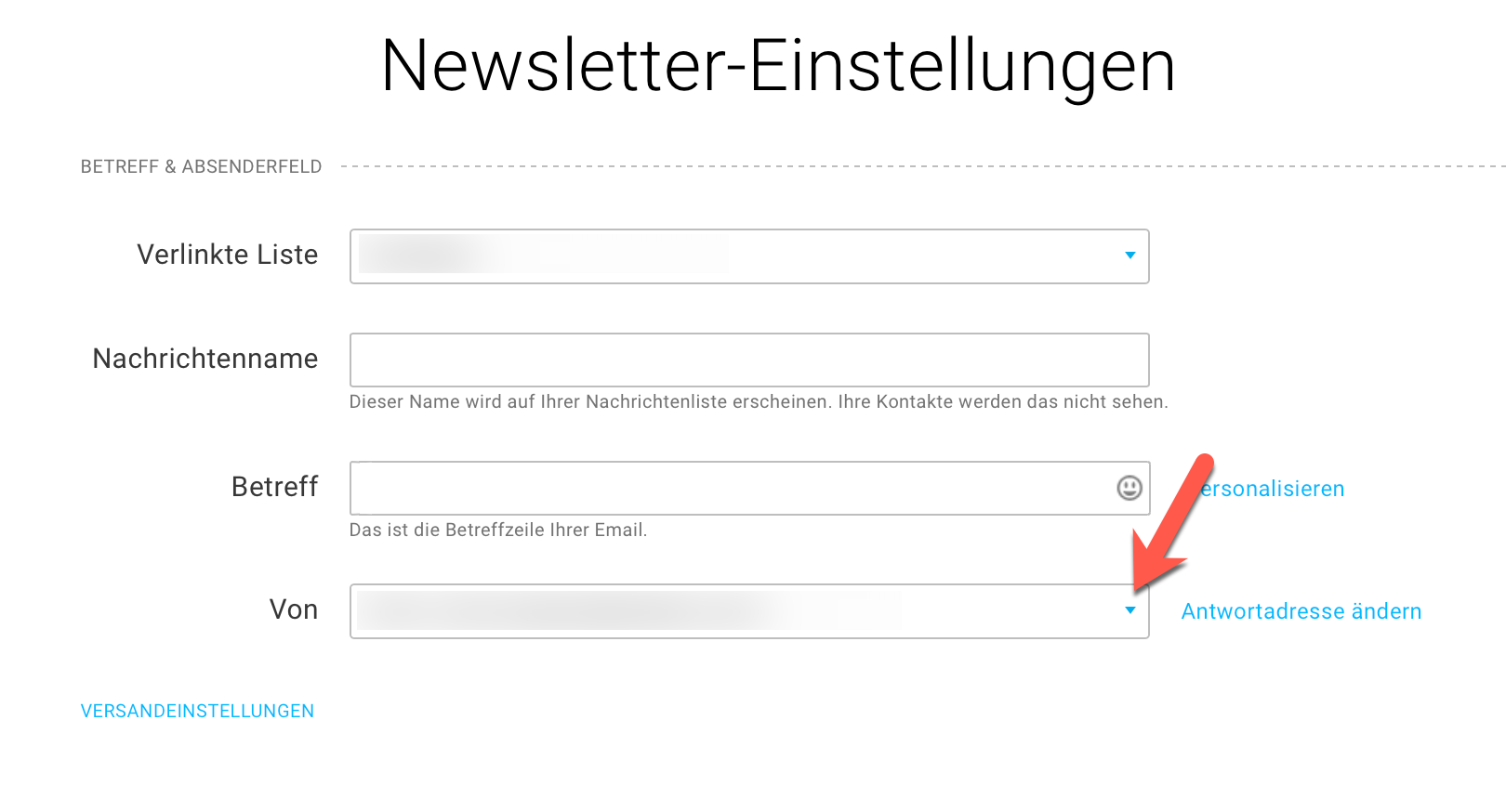 Newsletter-Einstellungen Auswahl Absenderadresse.