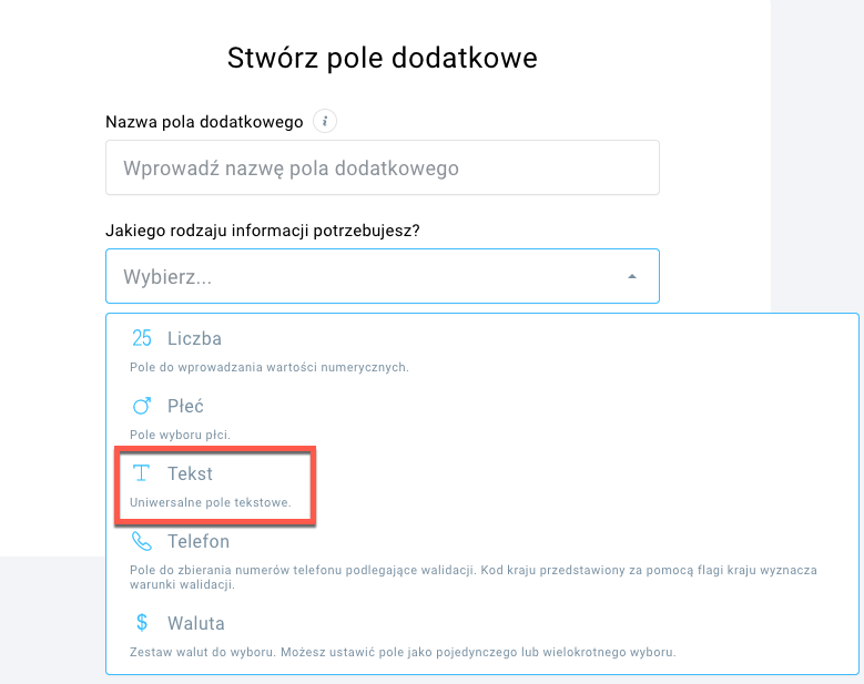 Wybór pola dodatkowego typu Tekst