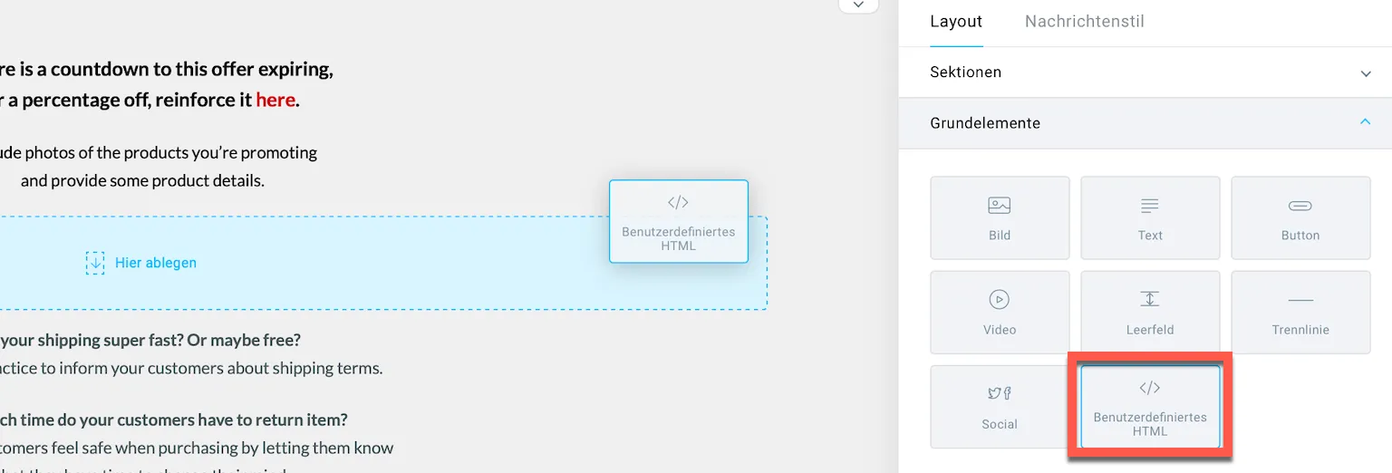 Benutzerdefiniertes HTML einfügen.