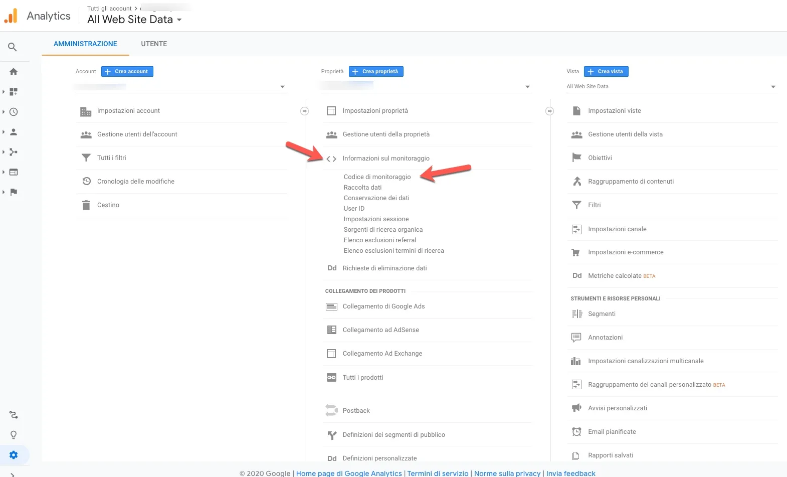 menu informazioni di tracciamento analitico.