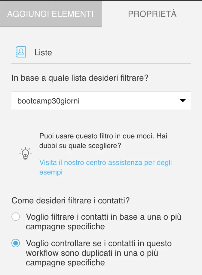 Quale lista desideri filtrare