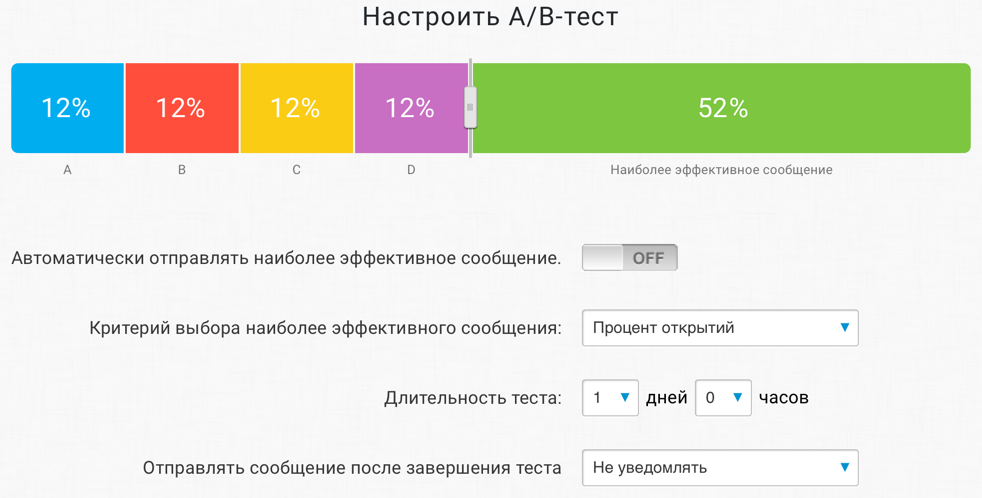 настройка получателей теста.