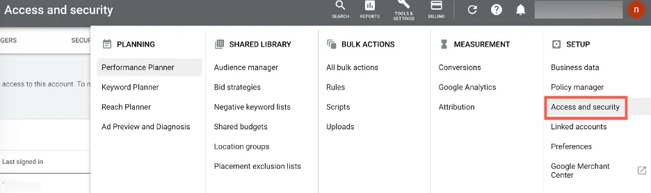 Accès et sécurité Google ads.