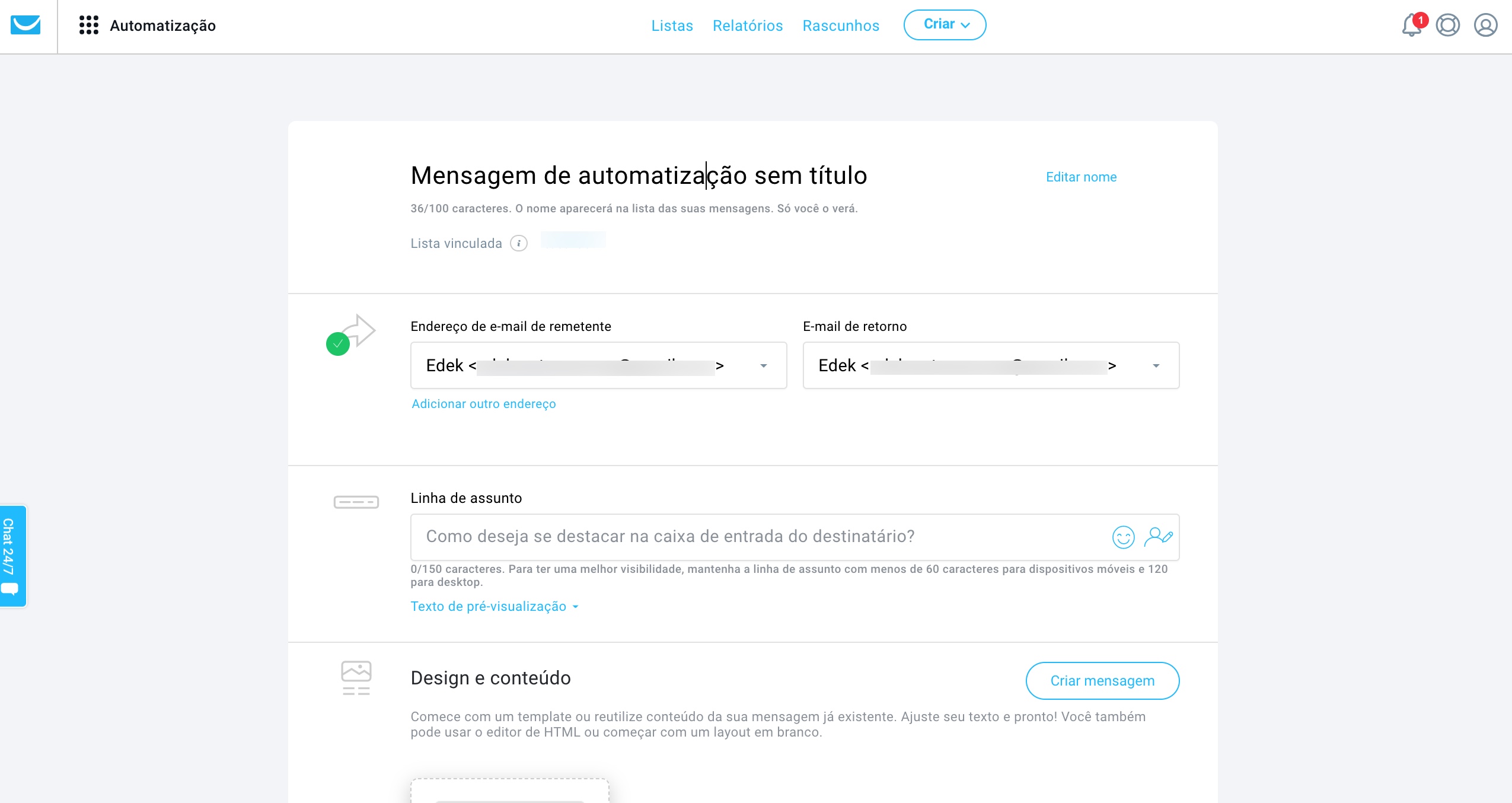 Criar nova mensagem de automação