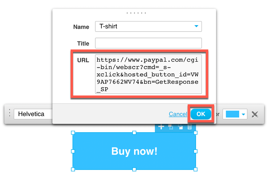 PayPal button URL field filled out automatically shown.