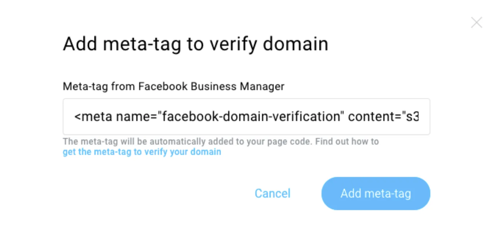 Add meta tag to verify your domain window shown.