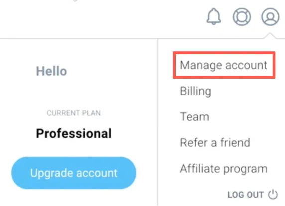 GetResponse My account and Manage account tab shown.