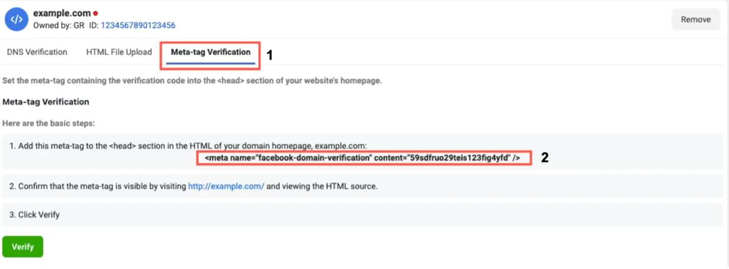 Meta-tag Verification tab and copy tag shown.