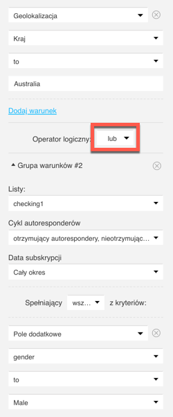 działanie operatora lub.