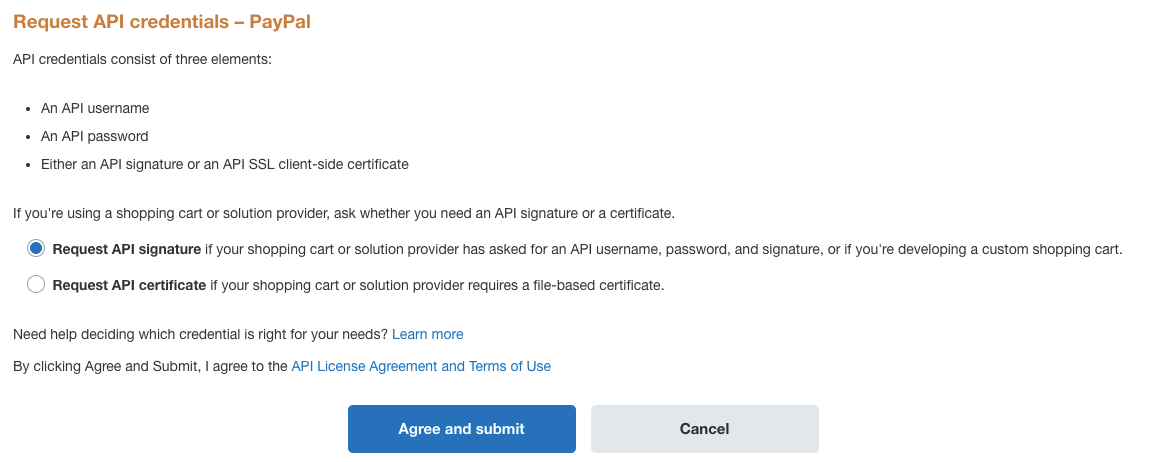 Demander une signature API - PayPal