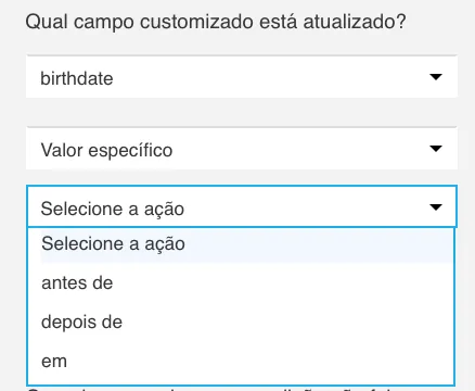 campo personalizado opções de data específica