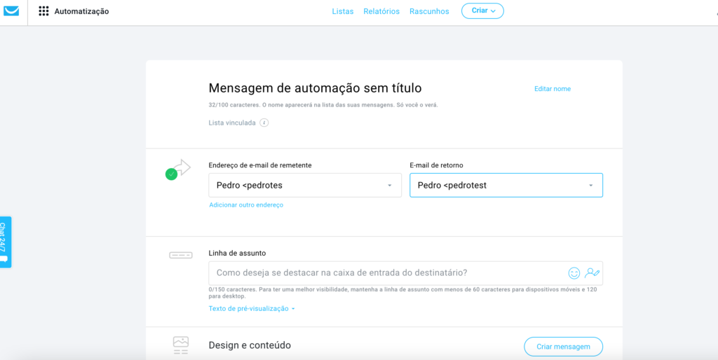 criar uma nova mensagem de automação