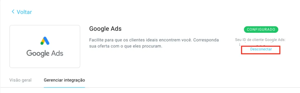 Desconectar a integração do Google Ads