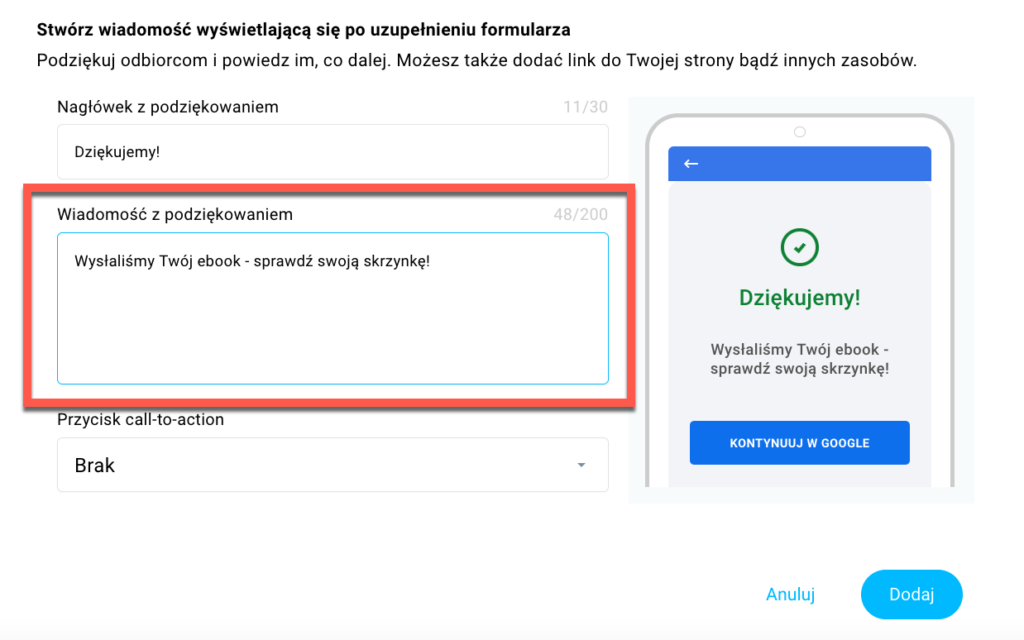 wiadomość z podziękowaniem.