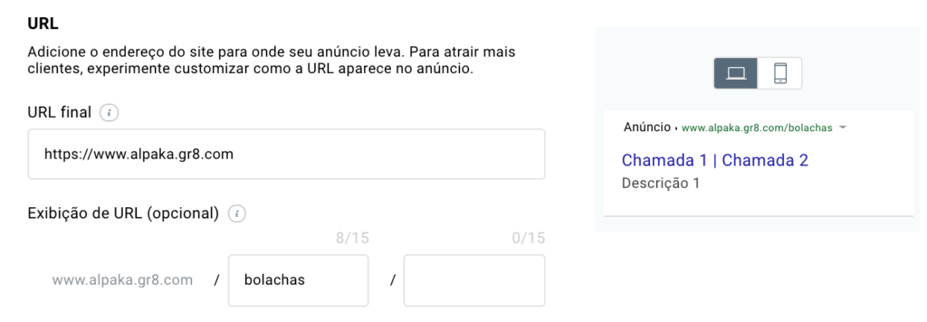 exibição da URL