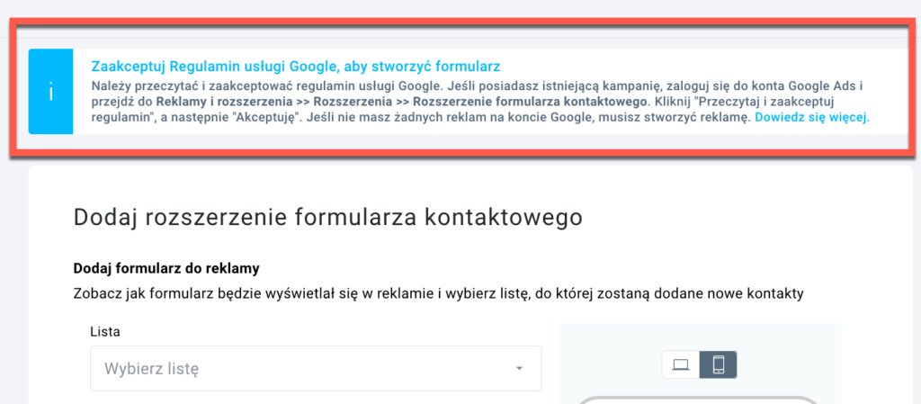 zaakceptuj regulamin usługi google.