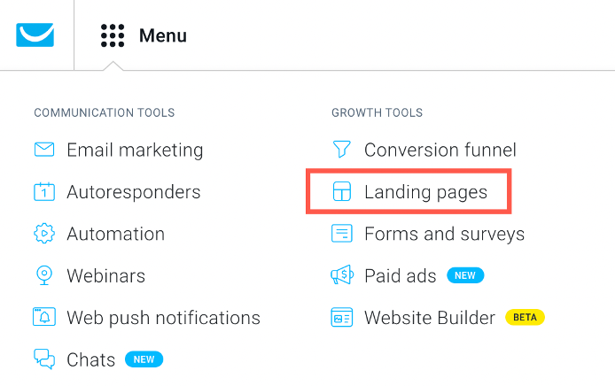 Menu and Landing pages shown.