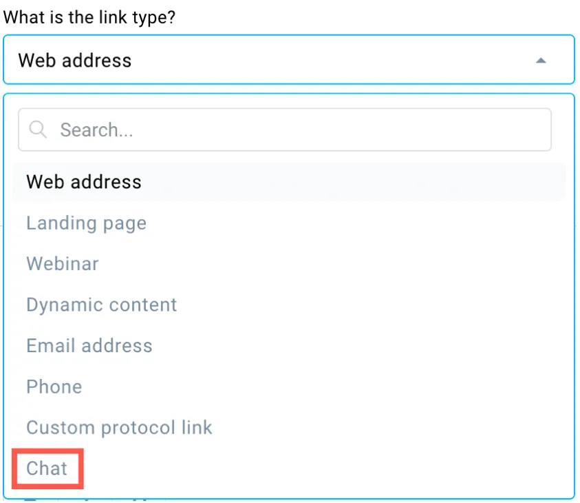 What is the link type dropdown and Chat selected shown.