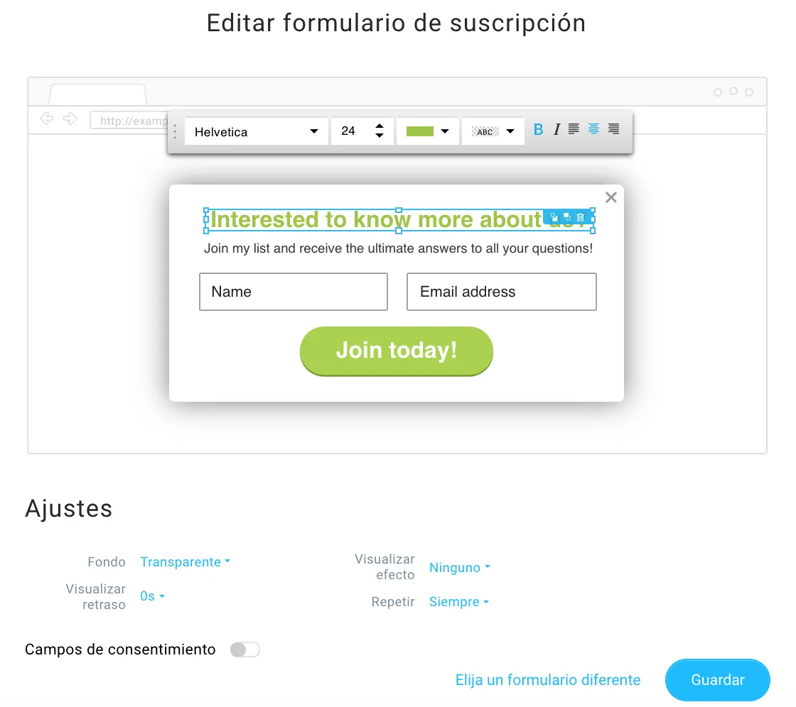 formulario emergente y su configuración