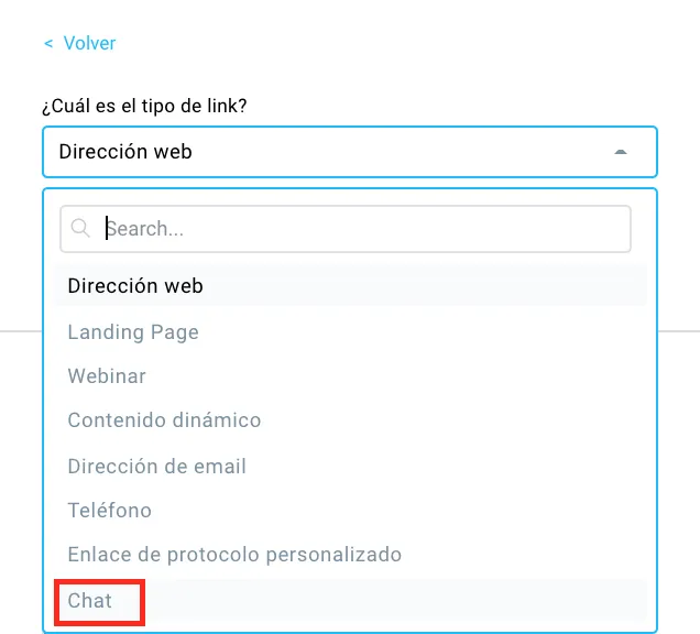 Qué es el desplegable de tipo de enlace y Chat seleccionado que se muestra.