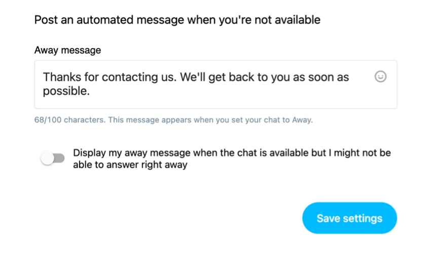 Away message settings shown. 