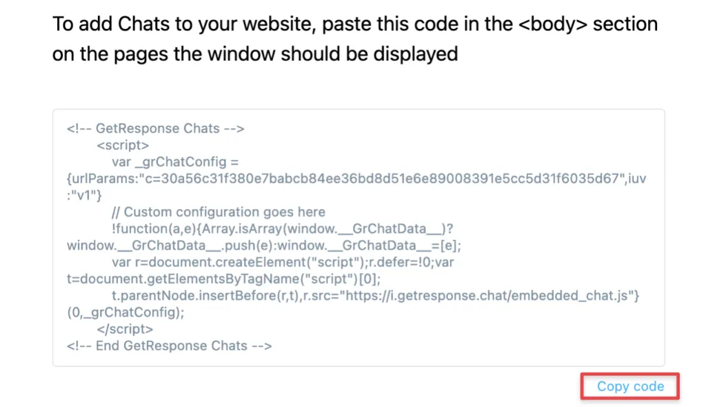 GetResponse Chats code window and Copy code shown.