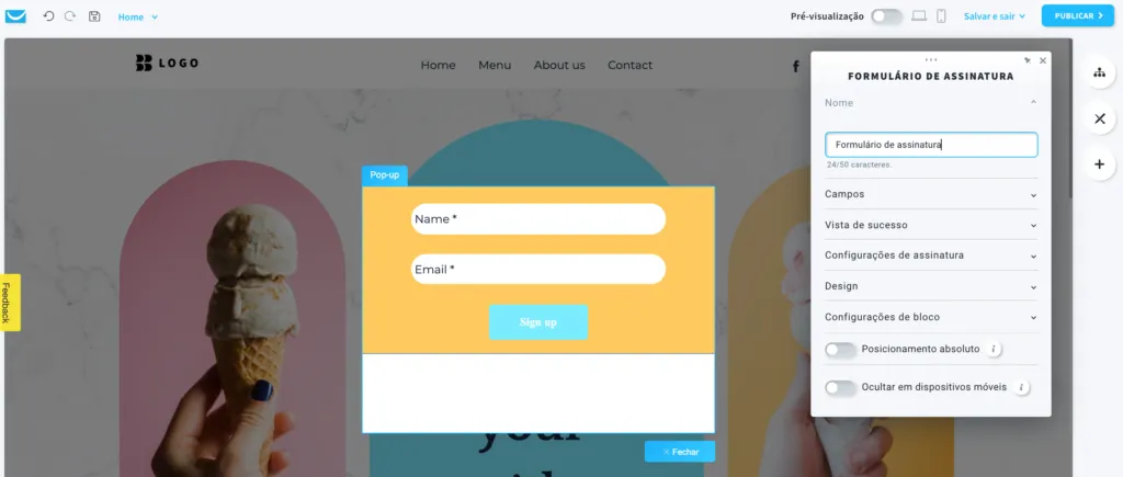 formulário de assinatura como pop-up