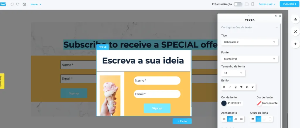 imagem, texto e formulário como pop-up