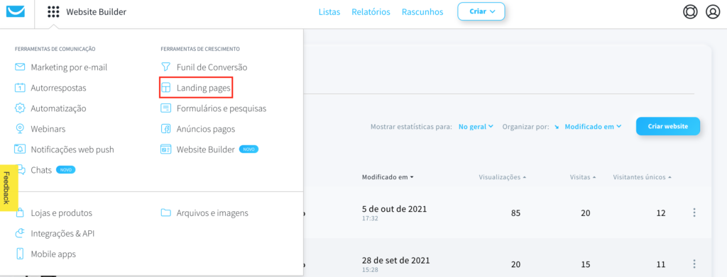 landing pages no menu