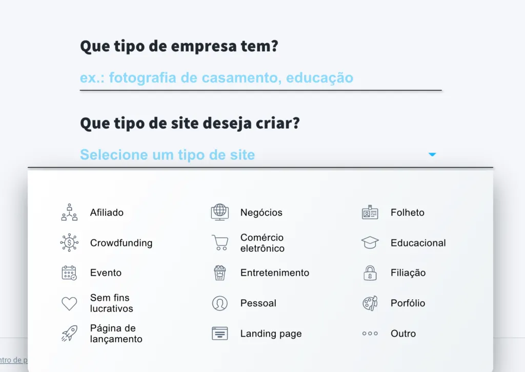 que tipo de empresa tem e que tipo de site deseja criar