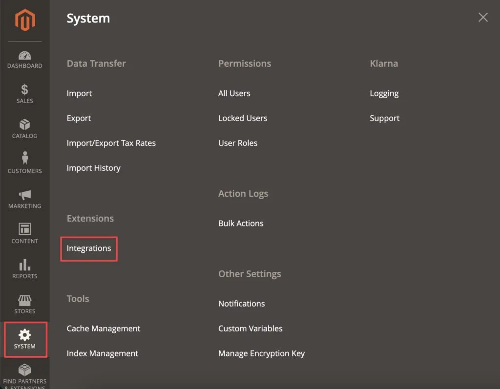 Onglet Intégrations dans Magento
