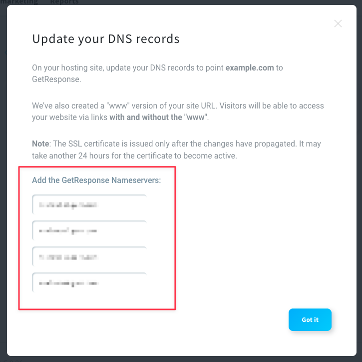 DNS records for a GetResponse website