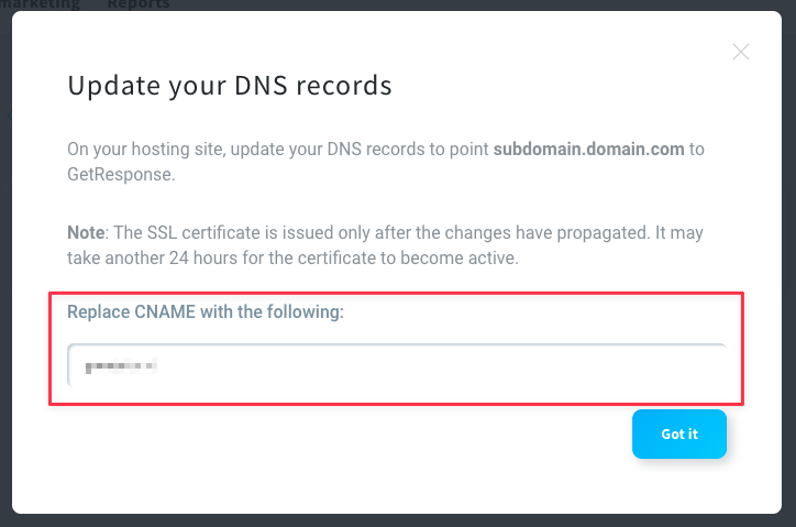 DNS records for a GetResponse website (subdomain)