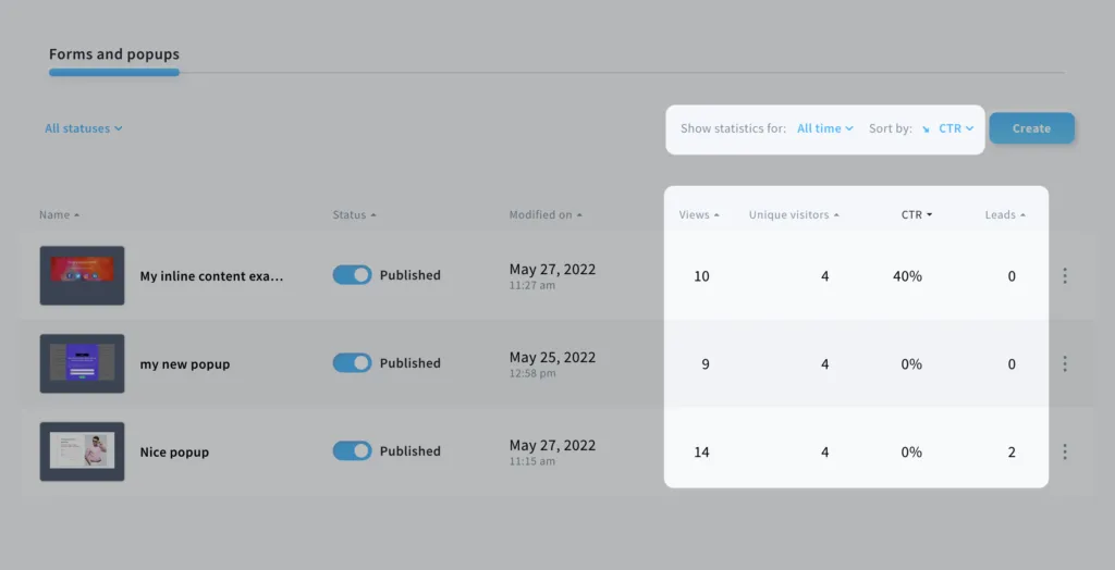 manage forms and popups, statistic view.