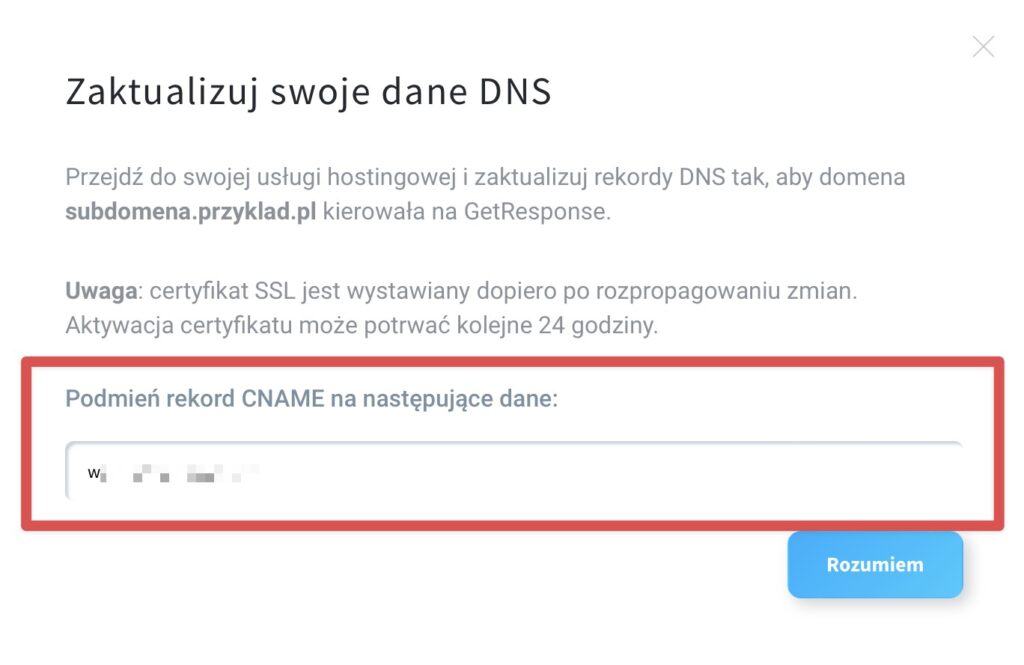 Podmień rekord CNAME na następujące dane: