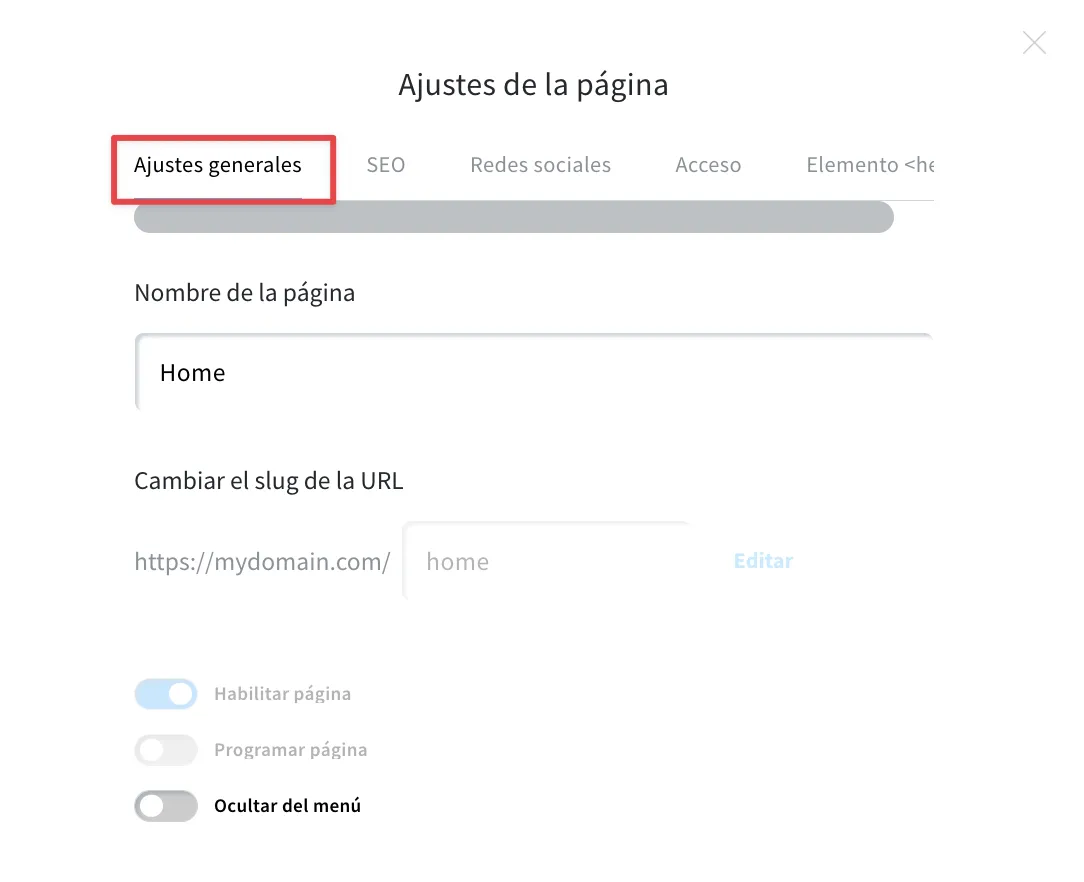 se muestra una opción ajustes generales en los ajustes de la página