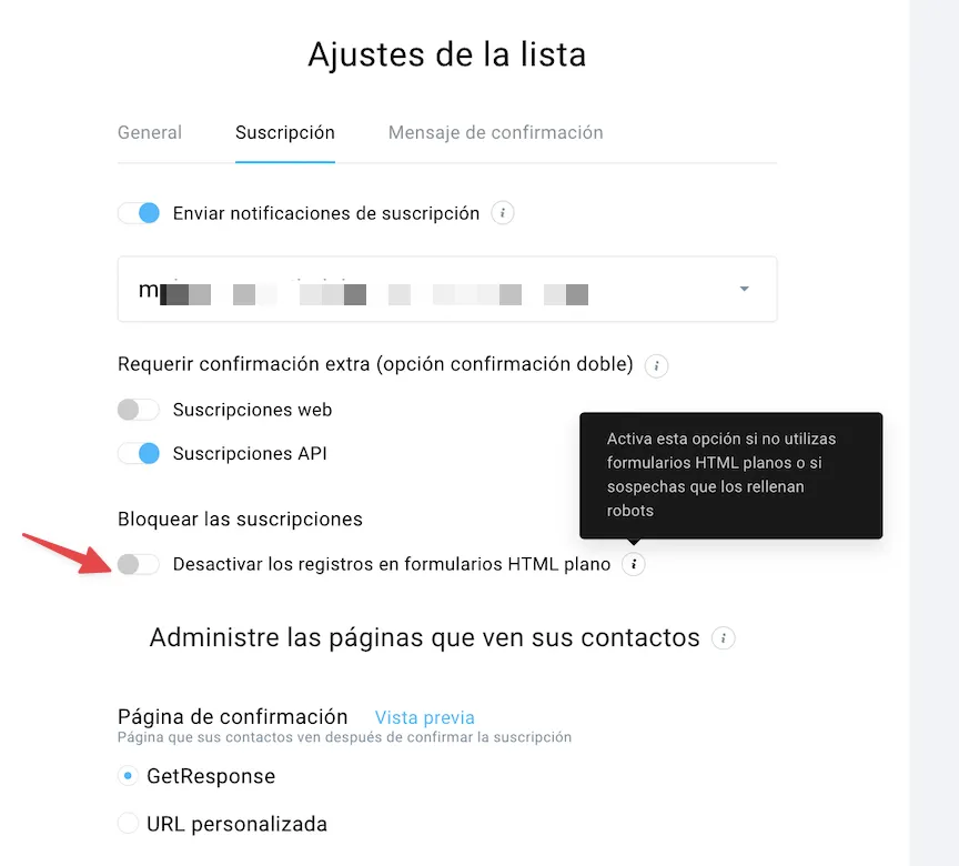 se muestra cómo desactivar los suscriptores en HTML plano