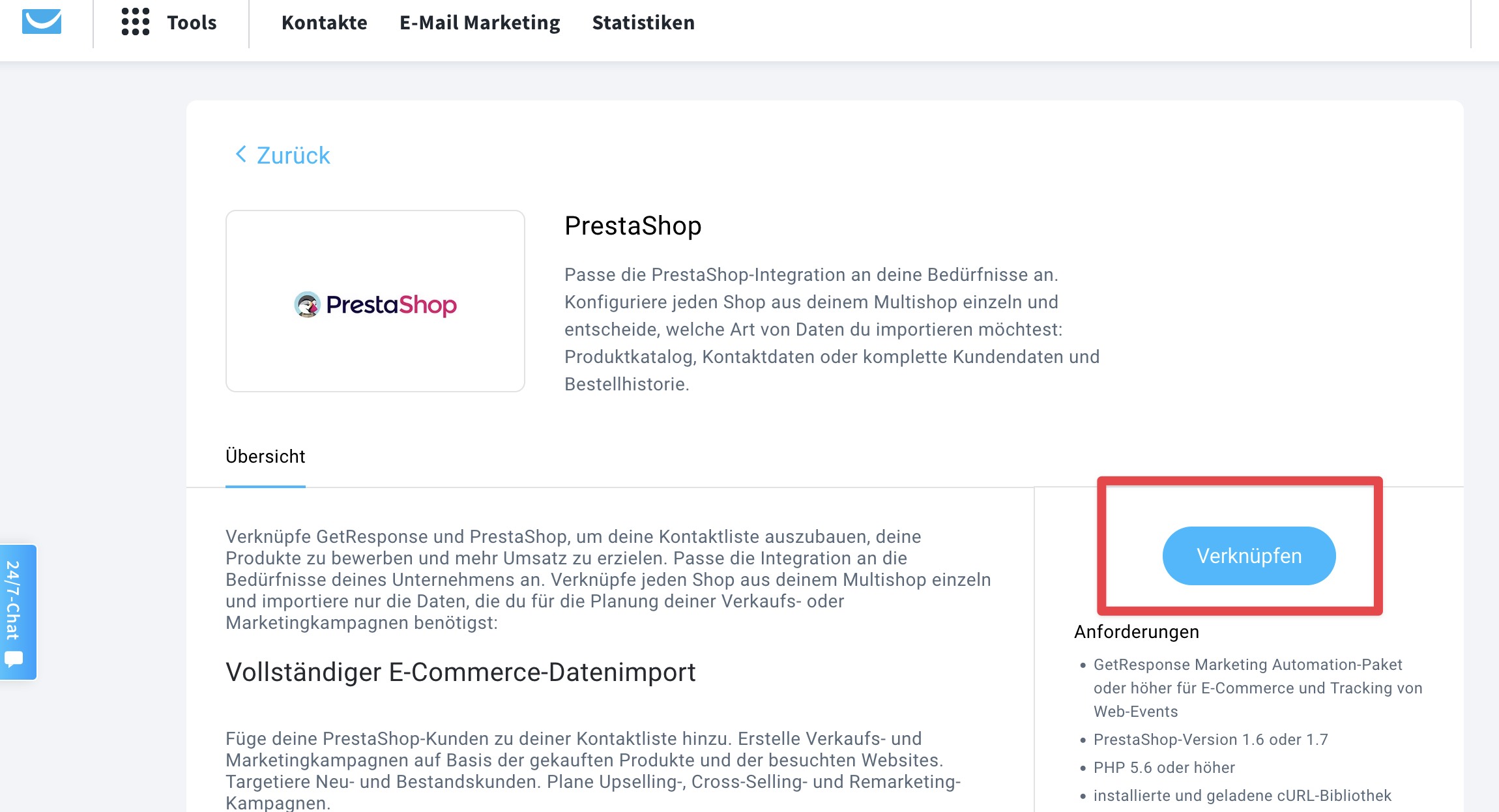 PrestaShop verknüpfen