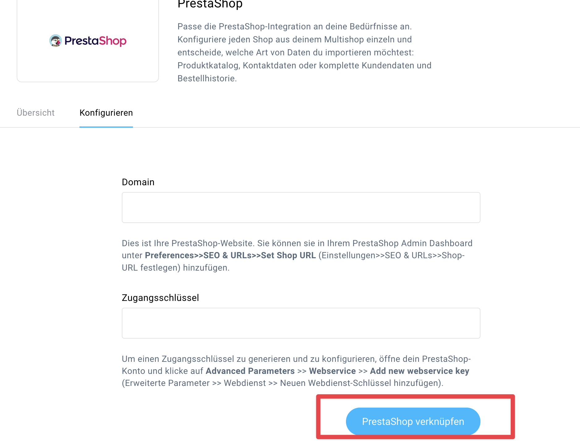 PrestaShop Domain and Key