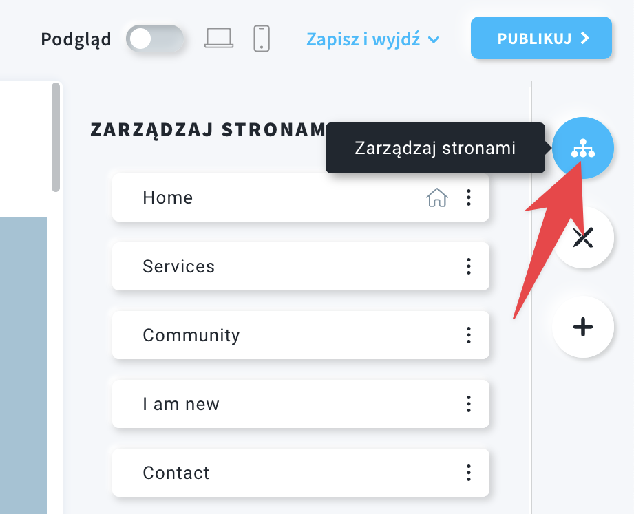 Zrzut ekranu, który przedstawia menu Zarządzaj stronami.