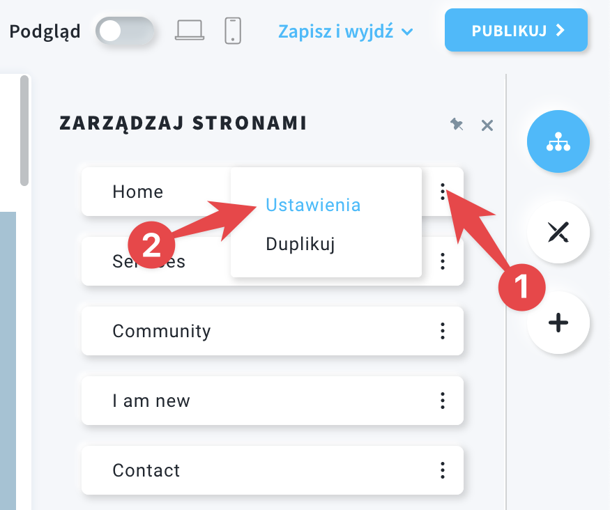 Zrzut ekranu, który przedstawia menu Zarządzaj stronami.