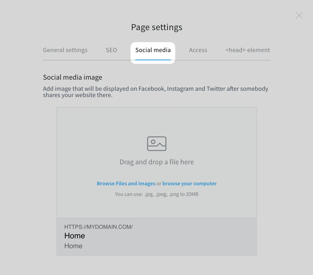 social media settings in website builder