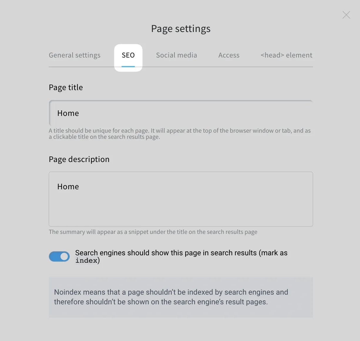 seo in website settings