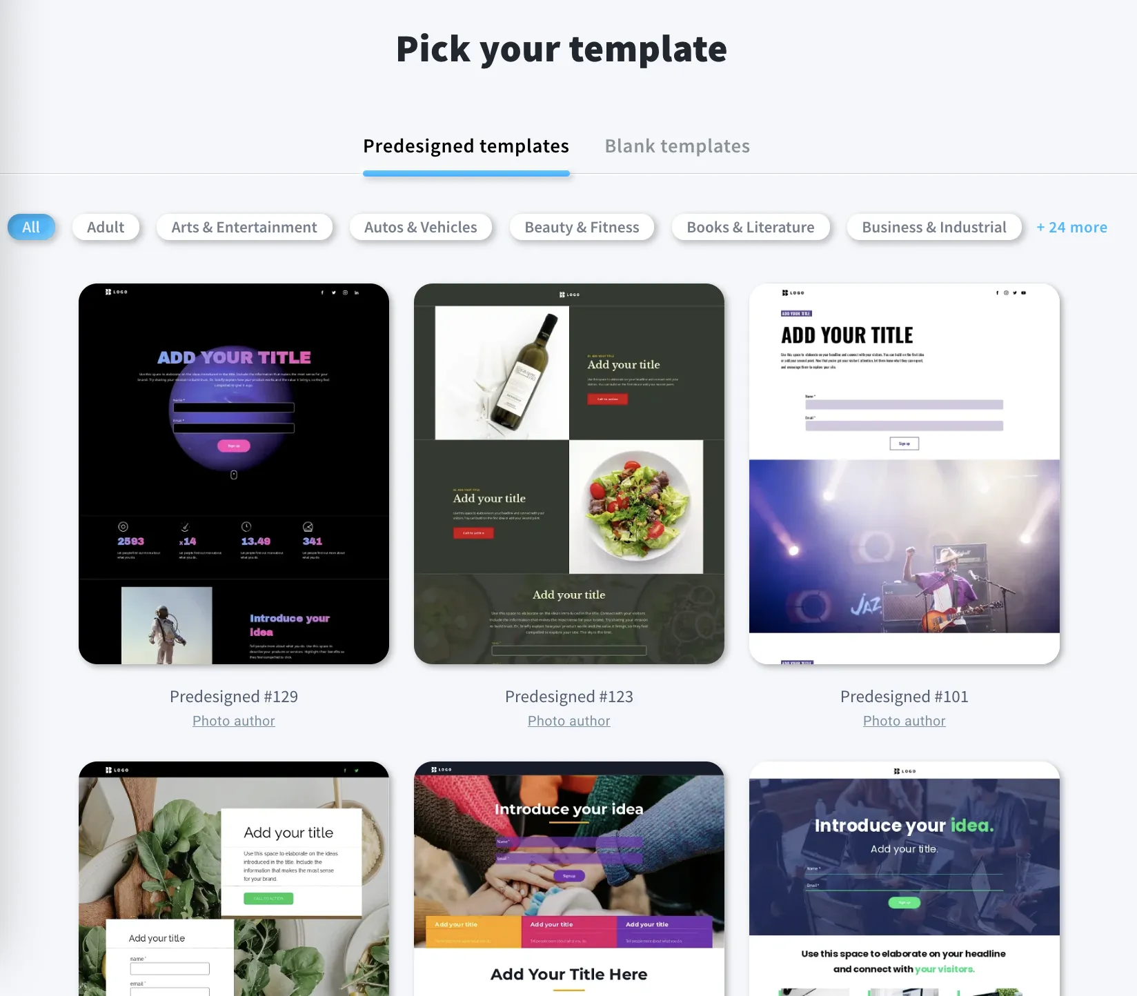 landing page template selection