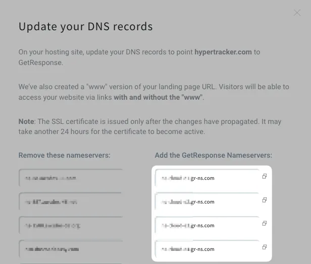 nameservers in landing page domains