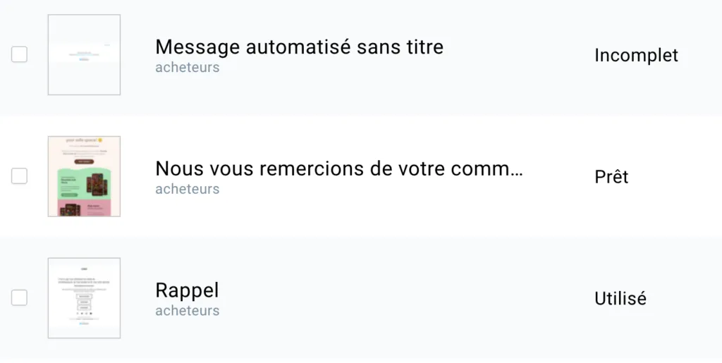 les statuts possibles du message d'automatisation