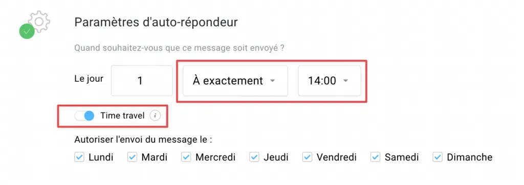 Option Time Travel dans les paramètres de l'auto-répondeur