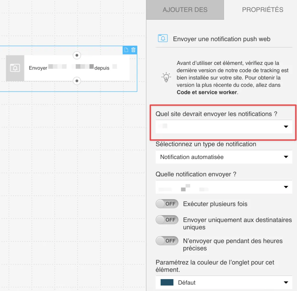  L'action Envoyer une notification push - choisir le site
