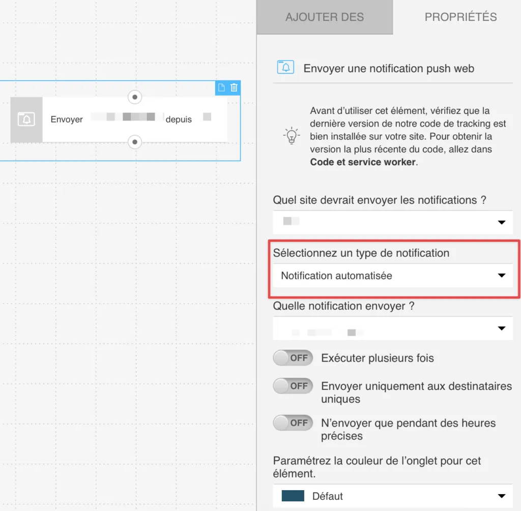  L'action Envoyer une notification push - sélectionnez un type
